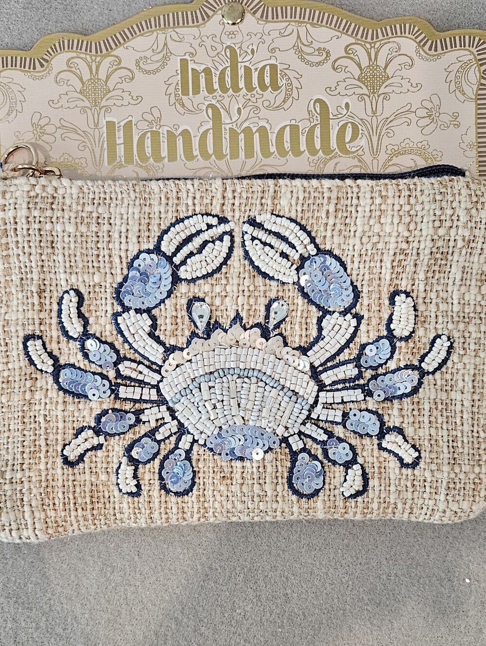 NWT Viral Beaded Blue Crab Wristlet On Natural Woven Fabric - India Handmade 🦀✨ - Picture 9 of 9